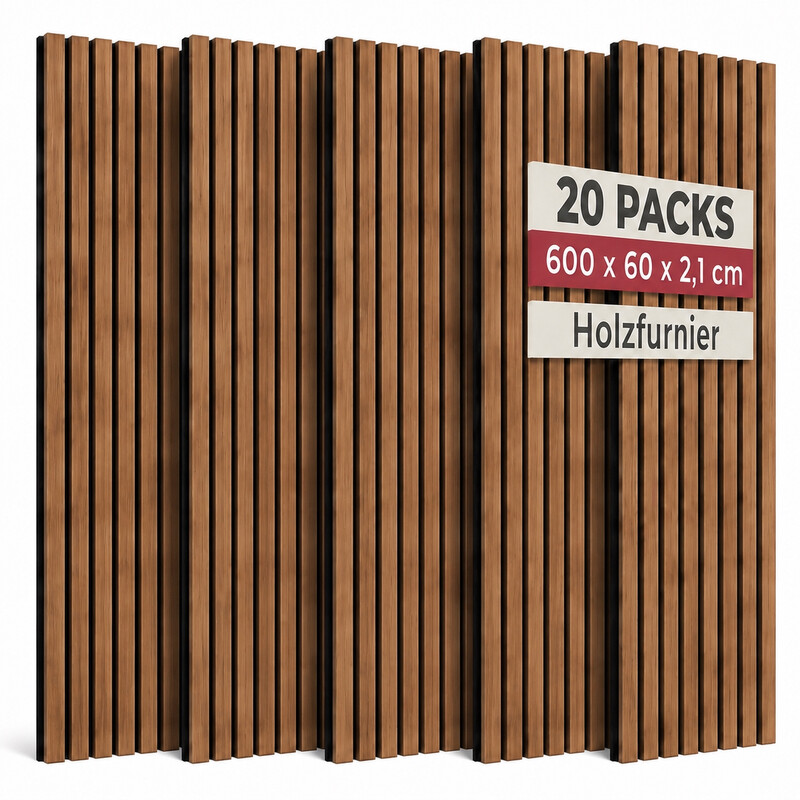 Premium Walnuss 3D Holzlamellen Akustikpaneele (20er Set) | Umweltfreundliche Schallabsorbierende Wandkunst | Geräuschreduzierung & Echokontrolle für Home-Office & Studio
