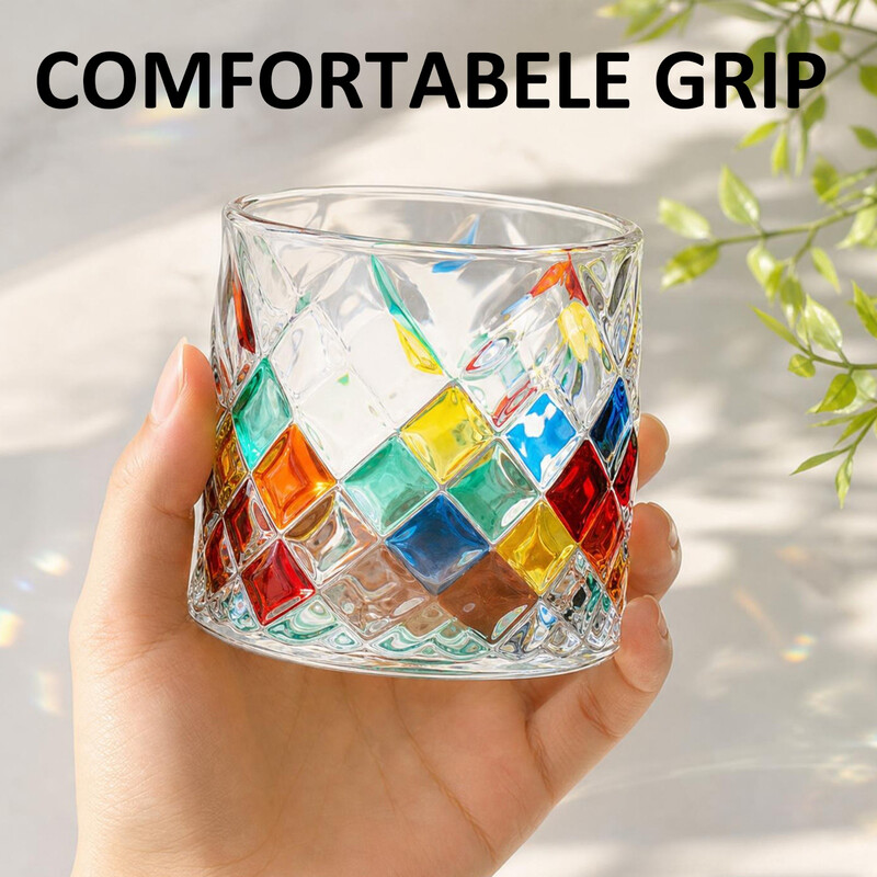 Handgeschilderde diamant stressverlichtingsbeker met draaibare houten basis, ideaal voor whiskey, matcha en frisdrank, 11,5 x 11,5 x 11 cm, kleurrijk