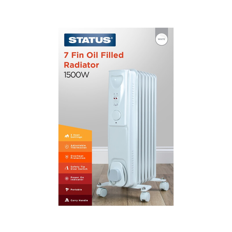 STATUS Home Appliances Heater: White 1500W Fin Oil Filled Radiator, 3 Heat Settings & Adjustable Thermostat