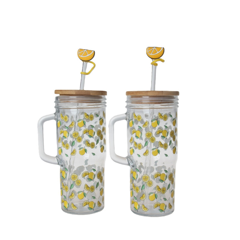 Dexam 2er-Set Zitronen-Print Glas-Trinkgläser, 750 ml, mit Holzdeckel und Zitronenstrohhalm, isolierte Ausführung mit Griff für kalte Getränke