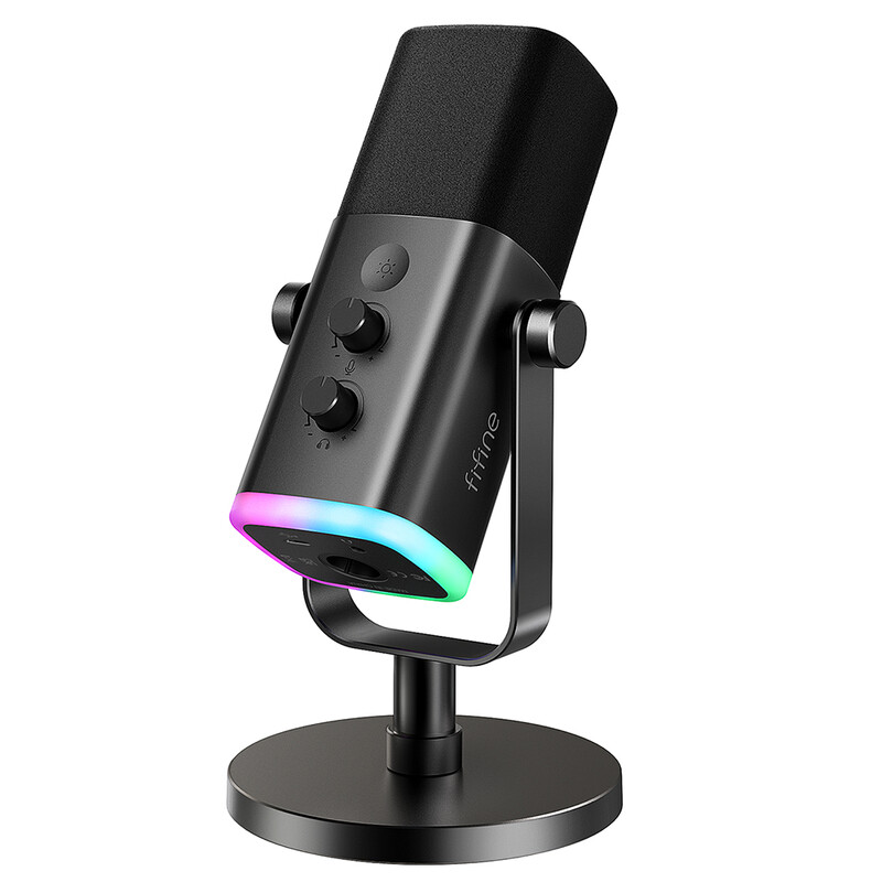 fifine USB/XLR Dynamisches Mikrofon für Podcast-Recording, Gaming-Streaming-Mikrofon für PC mit RGB-Beleuchtung, Stummschalttaste, Kopfhöreranschluss, Tischständer, Gesangsmikrofon für YouTube-AM8