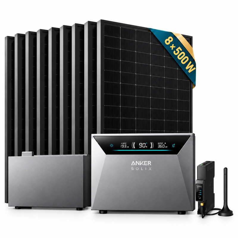 Anker SOLIX Solarbank 4 Pro Bundle mit BP5000 Erweiterungsbatterie, SKYWORTH 4000 W Solarkit (8 x 500 W Solarmodule) und Anker SOLIX Smart …