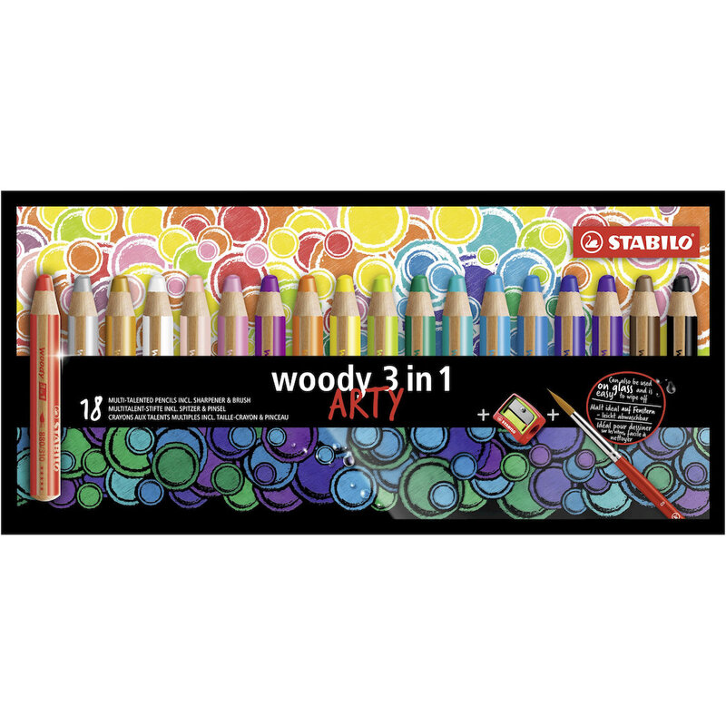 woody 3 in 1 - Multi-Talented Pencil - ARTY - Pack of 18 - Assorted Colours with Shar