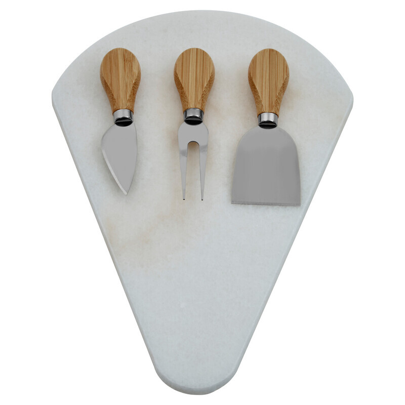 White Fan-Shaped Marble Cheese Board With 3 Knives, Durable Natural Stone Serving Boa