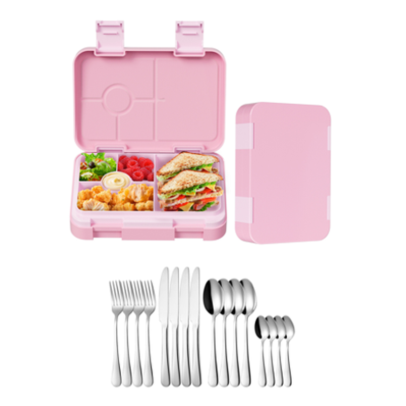 [Maaltijdset] Meoky 5-vaks bento lunchbox met dubbele sluitingen - Roze + Fangyuan 16-delige bestekset zilverkleurig roestvrij staal met mes, hoogwaardig roestvrijstalen bestek