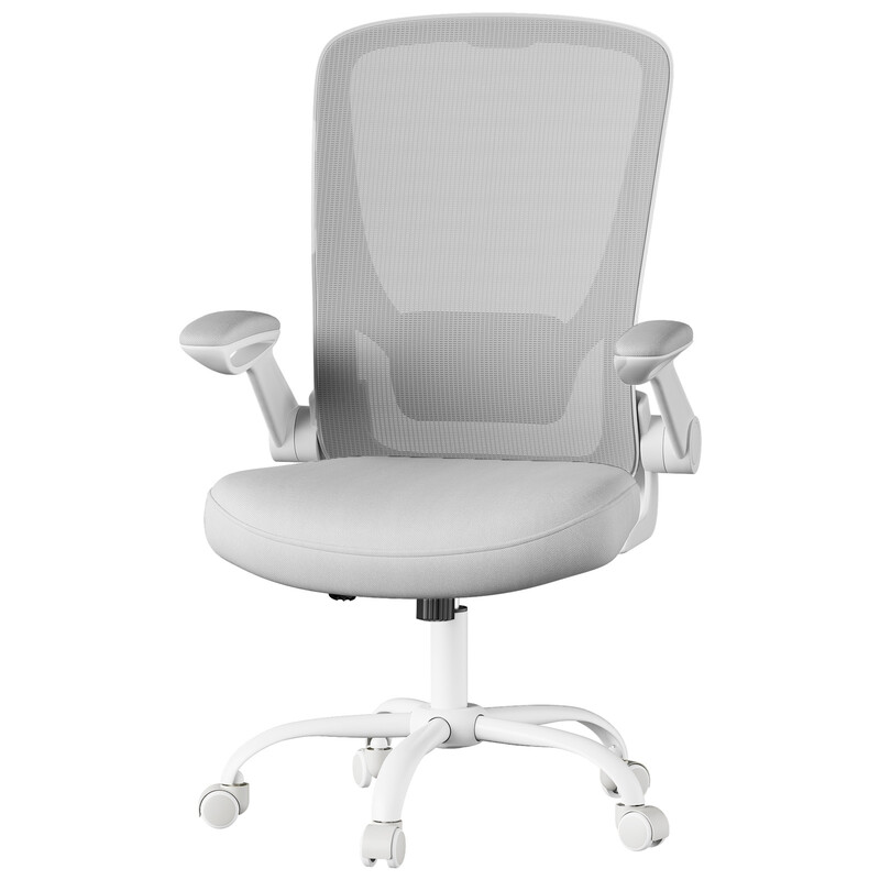 JOYFURNOS mesh-bureaustoel, ergonomische draaistoel, opvouwbare armleuningen, lichtgrijs