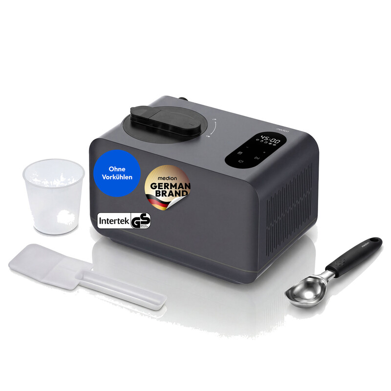 MEDION Eismaschine 1,5L: Kompressor-Eiscrememacher für Eis, Joghurt & Slush ohne Vorabkühlung - 150 W Leistung, grau
