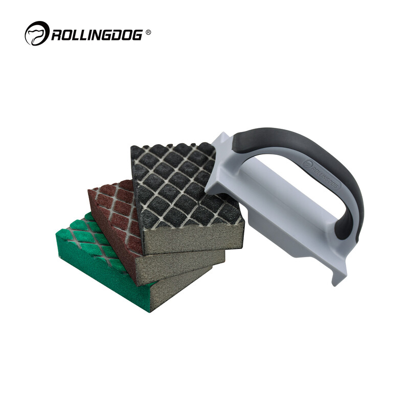 ROLLINGDOG Schuursponsenset, 4-delig met ergonomische houder, 60/120/180 korrel afwasbare blokken, grove/middel/fijne oppervlaktevoorbereiding.