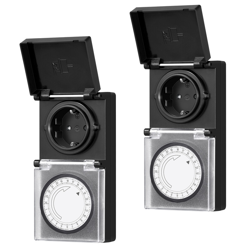 Dewenwils mechanische analogene tijdschakelaar voor buiten, IP44 waterdicht, 15 min. interval, met kinderbeveiliging en beschermkapje, 16 A/3680 W, set van 2