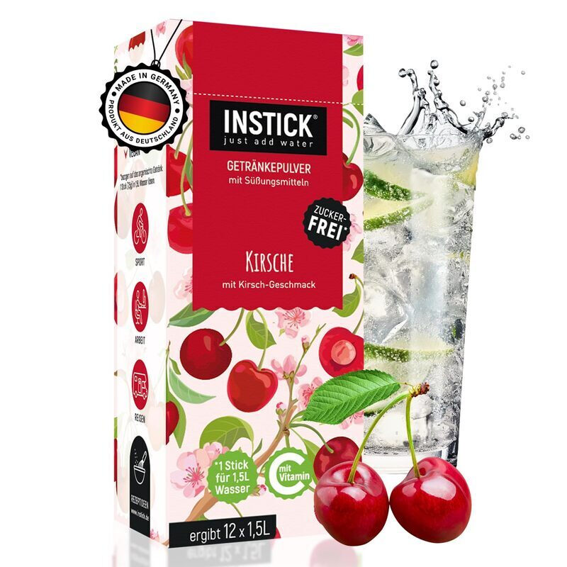INSTICK Zuckerfreies Instant-Getränk (Kirsche) - 1 Packung für 12 x 1,5-2,5 L - Veganes Getränkepulver Kalorienarm & Vitamin C - Instant-Pulver