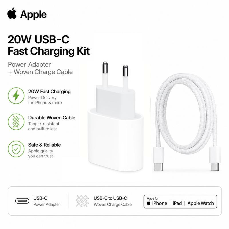 Apple 20 W USB-C snellaadkit - Voedingsadapter + USB-C geweven oplaadkabel - Wit