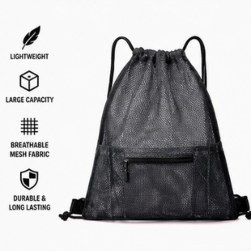WhereHike Meshes Drawstring Bag With Zipper Pocket Backpacks Outdoor Sports Fitness Bags Gym Equipment Storage Bag Enduring Mesh Sports Organizer,Gradient Gray