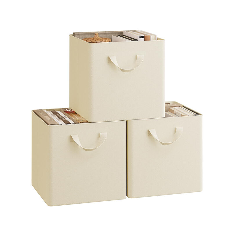 WOLTU Faltbare Aufbewahrungsboxen 3 Stück, Stoffboxen mit Griffen und Metallrahmen, Aufbewahrungswürfel für Wohnzimmer, Schlafzimmer, Arbeitszimmer, Mehrzweck, Creme, 29,5x29,5x28,5cm