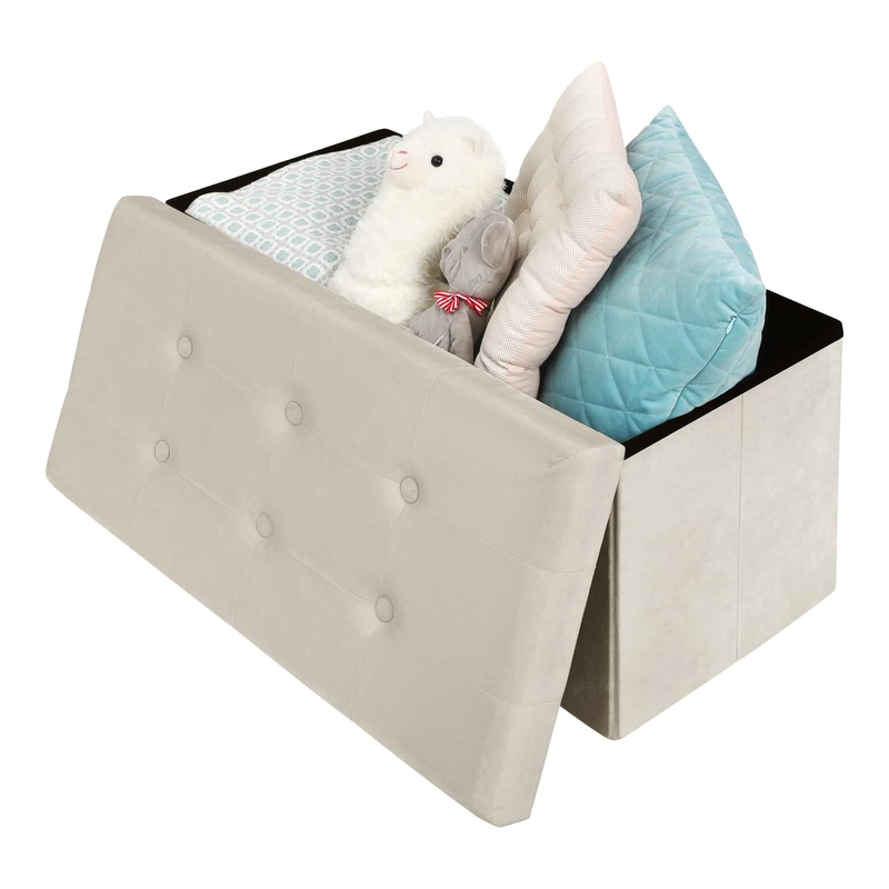 Woltu Aufbewahrungsbank mit Sitzkissen, faltbare Sitztruhe aus Samt, 80 L, 76 × 37,5 × 38 cm, Cremeweiß, bis 300 kg belastbar