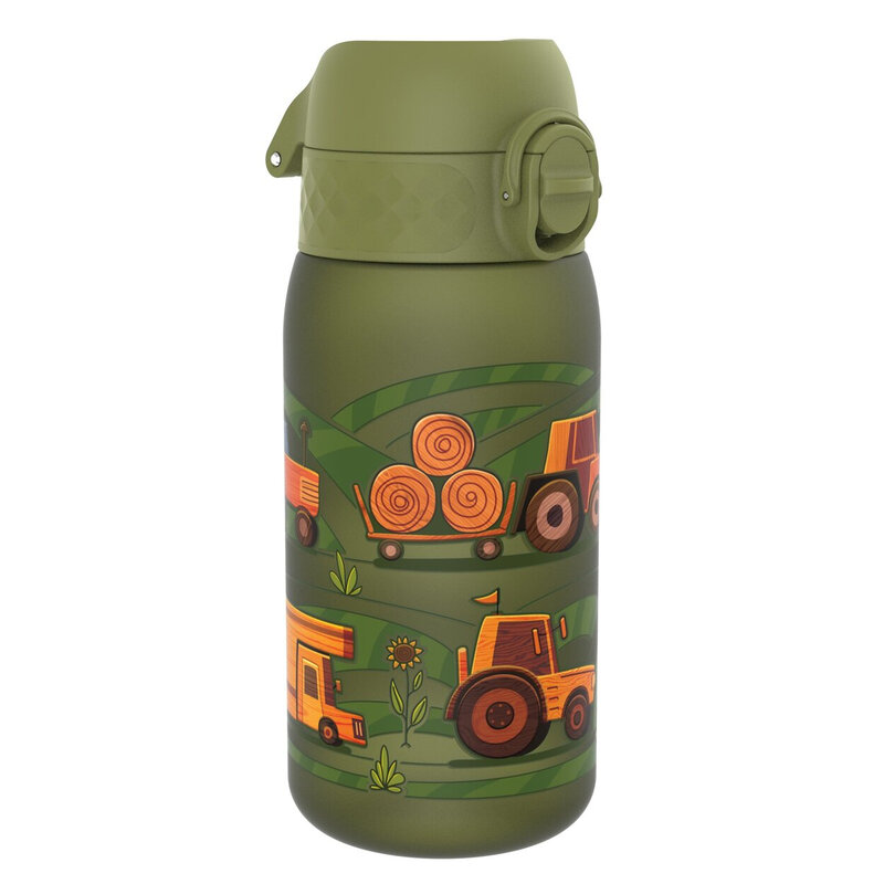 ION8 Waterfles voor kinderen, 350 ml/12 oz, lekvrij, eenvoudig te openen, veilige vergrendeling, vaatwasserbestendig, BPA-vrij, draaggreep, hygiënische flip-dop, eenvoudig te reinigen, geurloos, CO₂-neutraal, groen, Landbouwmachines