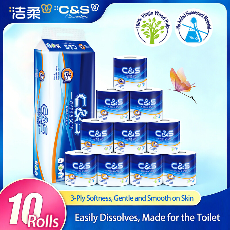 C&S Virgin Wood Pulp Toilet Tissue, 3-Ply, 140G, 10 Rolls, Soft, Durable, Family Economical Pack