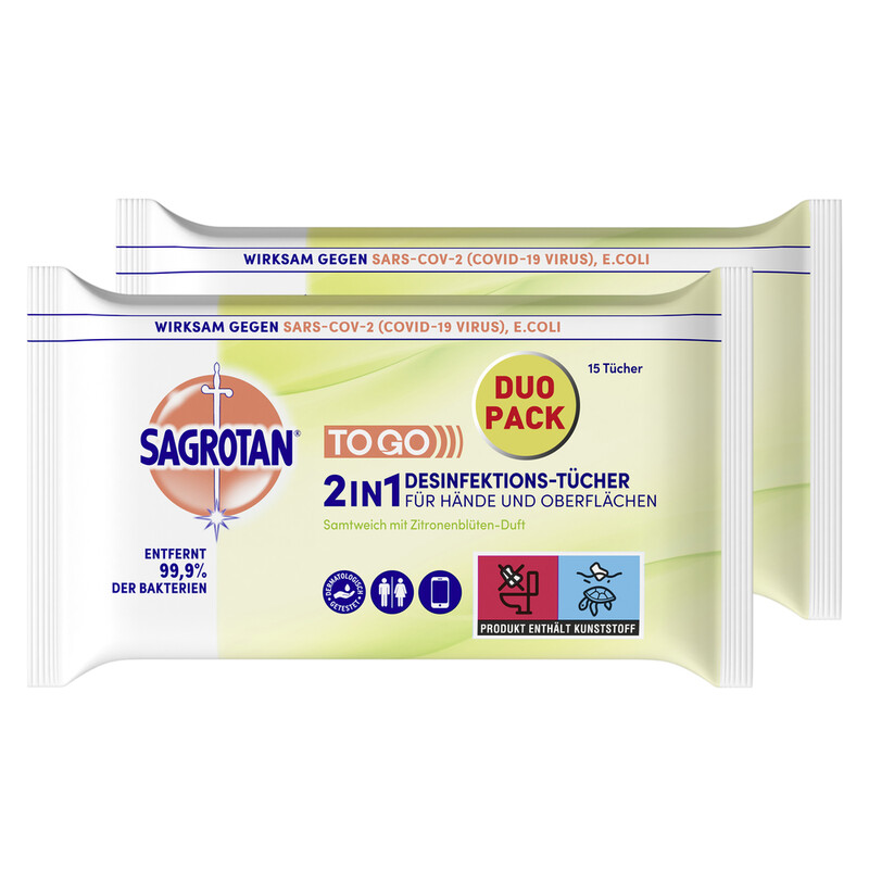 Sagrotan 2in1 Desinfektionstücher mit Zitronenblütenduft – 210 Feuchttücher (2x15) x7