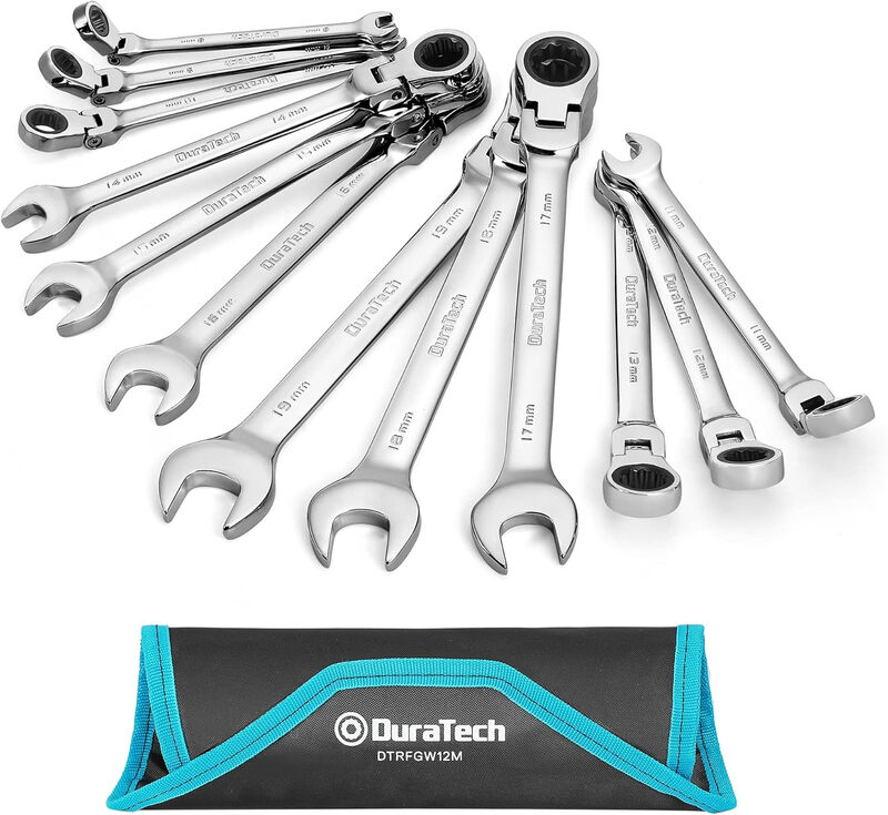 DURATECH 12-delig flexkop ratelsleutelset 8-19 mm, combinatiesleutelset met 72-tandig ratelmechanisme, chrom-vanadiumstaal, metrisch, met opbergzakje