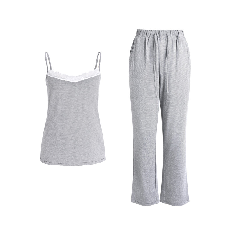 white wide lace v-neck dark grey knitted camisole and knitted pants set S