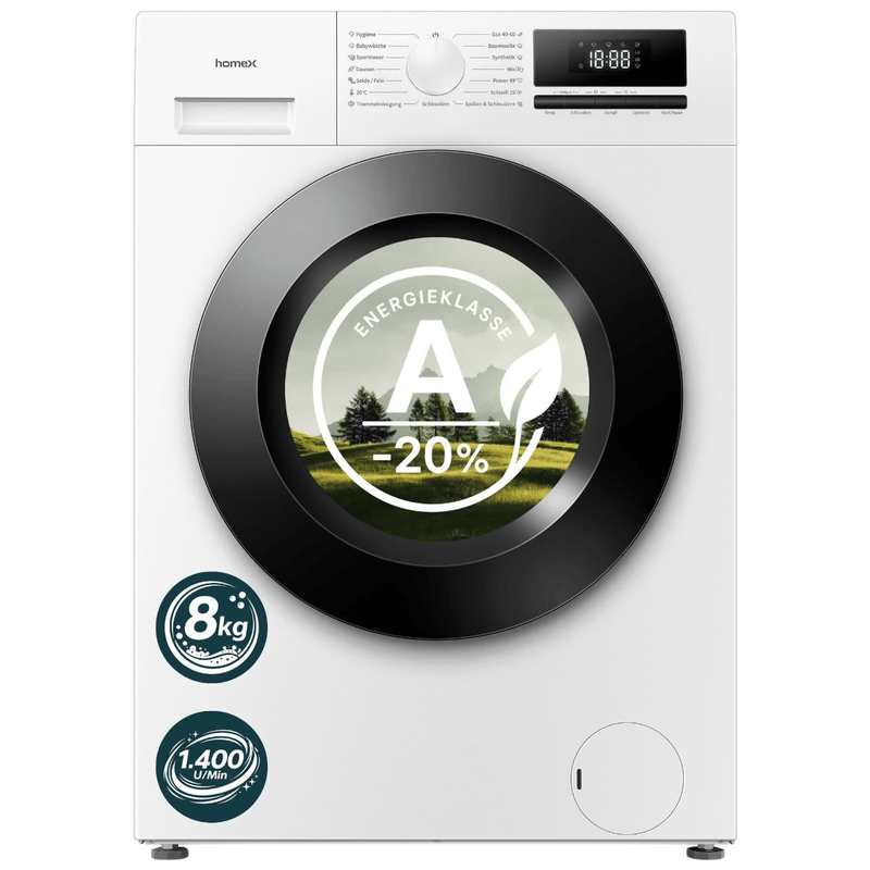 homeX WF814H1A-W Waschmaschine – 8 kg Frontlader, 1400 U/min, Energieklasse A -20 %, Dampffunktion, AquaStop, Inverter-Motor, 15 Programme, Leise 74 dB, Weiß