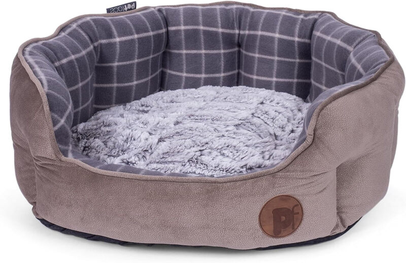 Grey Check & Bamboo Oval Pet Bed Medium