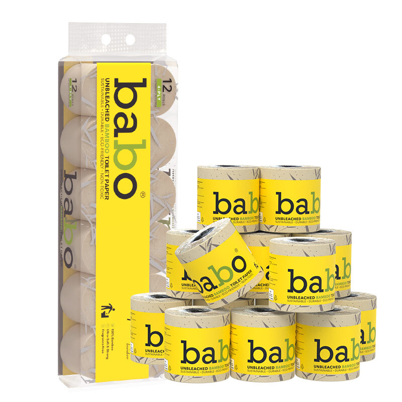 BABO 6D geprägtes Toilettenpapier aus Bambuspulpe nach EU-Norm, 4 Lagen 104 × 110 mm 240 Blatt/Rolle, 12 Rollen/Bund, ohne Zusätze, zweiseitig 6D Softprägung, Umweltqualitätszertifizierung, Toilettenpapier für Haushaltsbäder