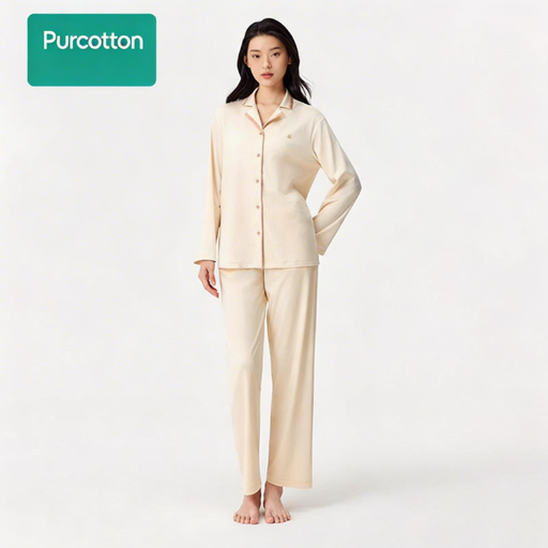 Lustrous Damen Loungewear-Set aus gebürsteter Baumwolle, Moonlight White, Oberteil: UK 14 (L); Unterteil: UK 14 (L)