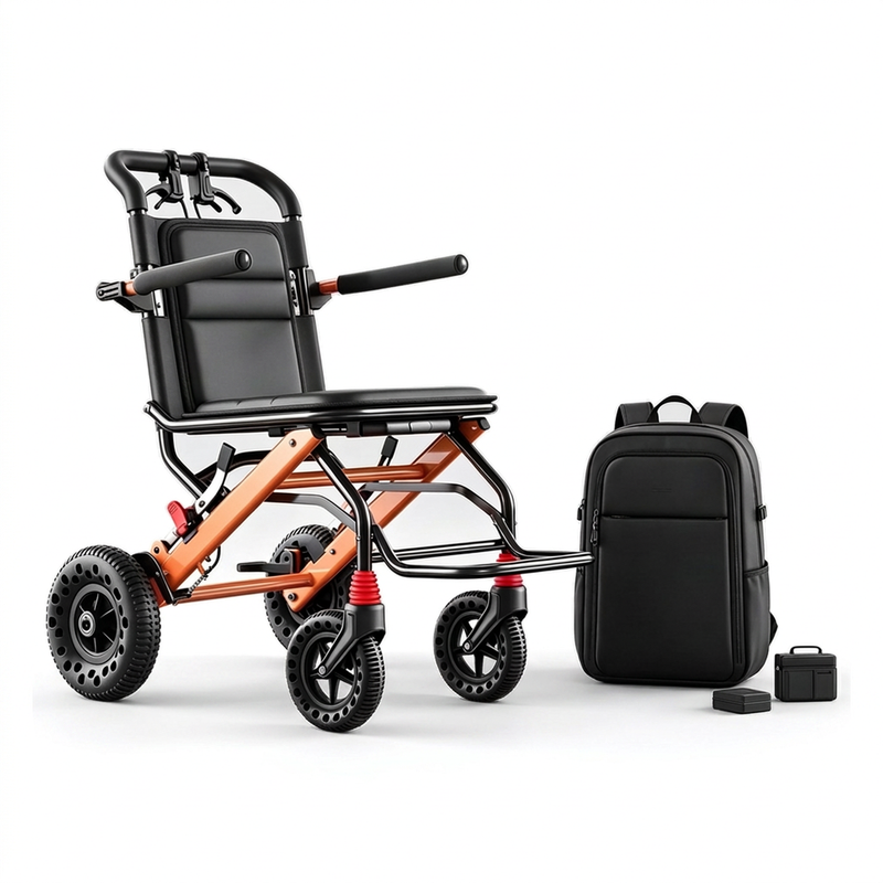 Handmatige duw aluminiumlegering draagbare vliegtuig reisrolstoel oranje 40 cm zittingbreedte 6 inch voorwiel 8 inch achterwiel