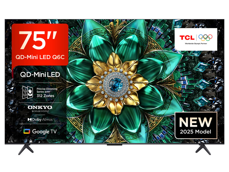 TCL 75Q6C QLED mini-LED-Fernseher, 190,5 cm, 4K-HDR-Premium, Dolby Vision IQ & Atmos, Onkyo 2.1-Sound, Smart-TV mit Google TV, Game-Master-Modus, 144Hz Motion-Clarity-Pro, AMD FreeSync Premium Pro, HDMI 2.1, AirPlay 2, Google Assistant & Alexa