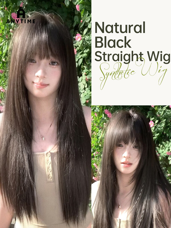 ANYTIME Lange Rechte Synthetische Haarpruik voor Dames, 28 Inch Natuurlijk Donker Theebruin Gepluiste Gelaagde Haarpruik met Salon Lichte Snit Air Bangs, Verbeterde Zachte Onzichtbare Hittebestendige Haarpruik voor School, Dagelijks Gebruik, Dates en Self