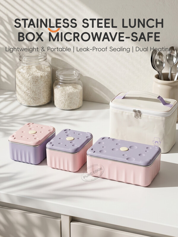 PURE COOK 304 roestvrij staal dubbellaagse voedselbewaarbakjes set lekvrij meal-prep school werk dagelijkse voedselopslag huishouden 20,29 oz 20,29 oz 40,58 oz set van 3 inclusief geïsoleerde tas