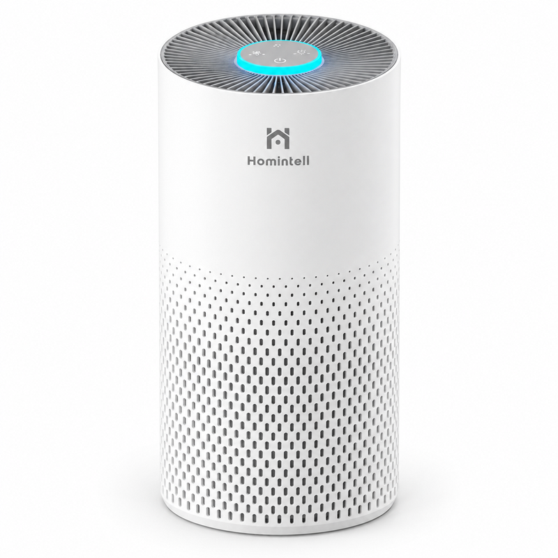 Homintell Luftreiniger - CADR 150 M³/h, 3 Geschwindigkeiten, HEPA- und Aktivkohlefilter, 8‑Stunden‑Timer, Touch‑Bedienung, 7‑Farben‑Atmosphärenlicht, ideal für 18 m² Räume.