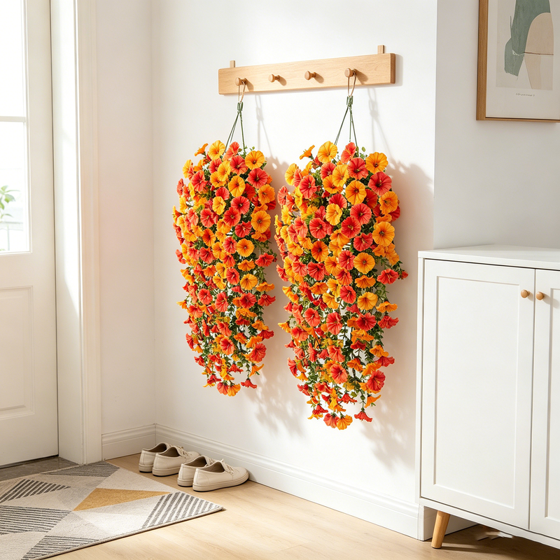 4 Stück 30 Zoll/76 cm Künstliche Blumen für den Außenbereich, Realistisch hängende Kunstblumen aus Seide, Petunien, künstliche Blumen für Veranda und Terrasse (orange & gelb)