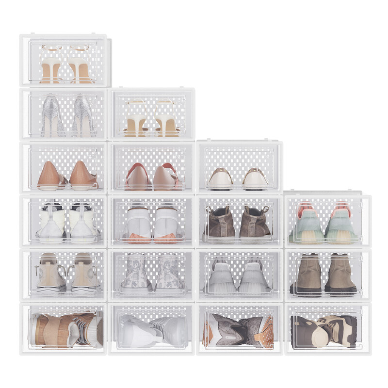 Ochama Set Of 18 Stackable Shoe Organisers, Foldable Storage Boxes For Sneakers, Transparent And White