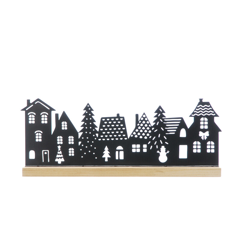 Festive 40Cm Black Wooden Cut Out Street On Wooden Base