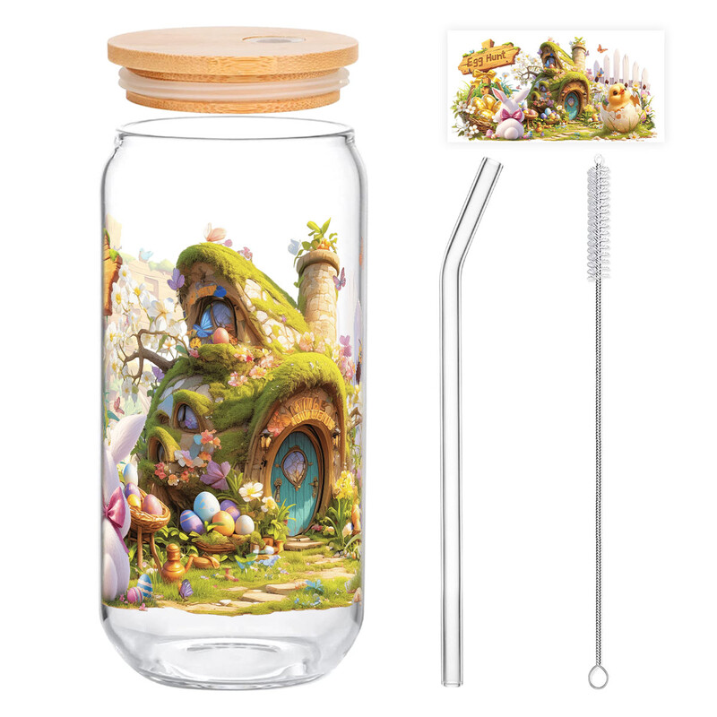 1pc Easter Fairy Tale Glass Tumbler, 500ml Storybook Design with Moss-Covered Cottage