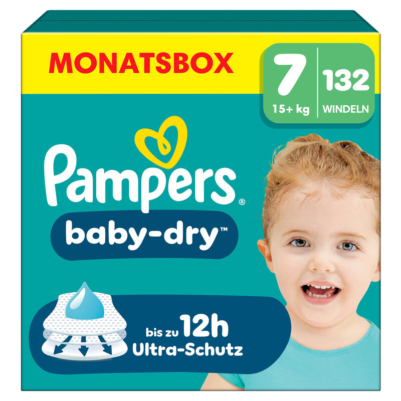 Pampers Baby-Dry Größe 7, 132 Windeln, 15Kg+, Bis Zu 100% Auslaufschutz & Komfort Die Ganze Nacht