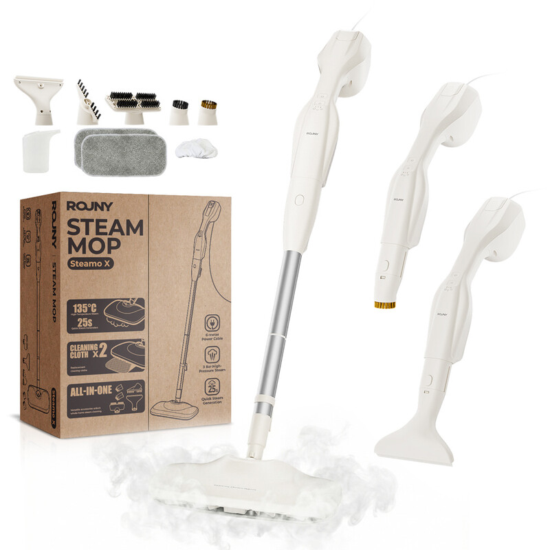Rouny 2-in-1 Dampfmopp und Hand-Dampfreiniger, 1200 W, 3 Bar Dampfdruck, 25 s Aufheizzeit, 6 m Kabel, 5 Aufsätze für Boden-, Fenster- und Küchenreinigung, STEAMO X