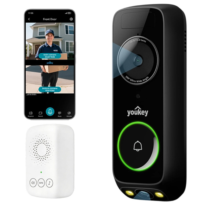 UNIVIEW Youkey DB312 Draadloze Beveiligingsdeurbel met Dubbele Camera en Gongsignaal, 2K Nachtzicht in Kleur, 6400 mAh Batterij, 2,4/5 GHz Wi‑Fi 6, Radar- en PIR-Detectie, Bezorgbeveiliging, Detectie van Pakketten, Mensen en Beweging, Tweerichtingsaudio,