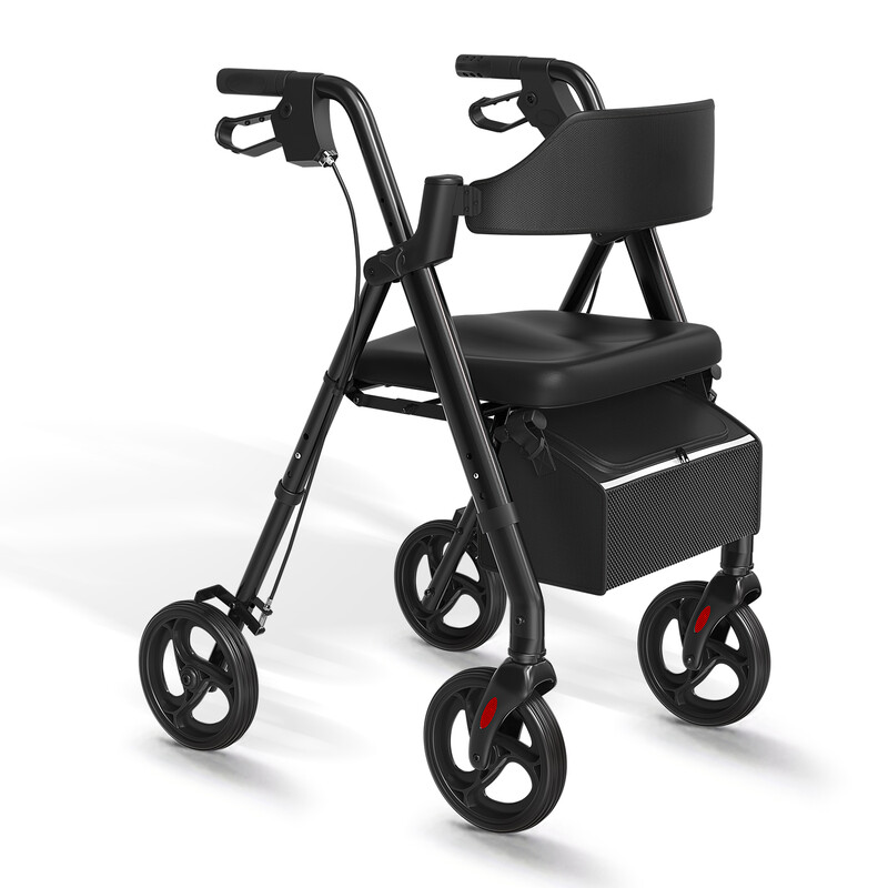 Zwarte opvouwbare loopwagen met PU-zitting, loopwagen voor ouderen, comfortabel zitkussen voor binnen en buiten