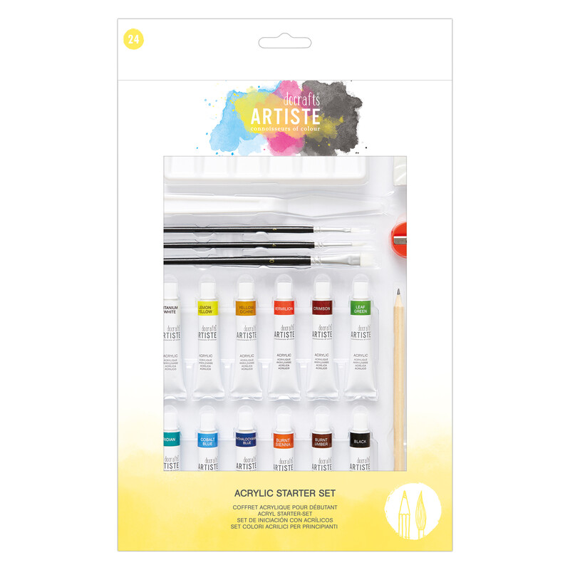 Artiste Acrylic Paint Set: 12 Colors, Brushes, Pencils, Palette, Knife & Boards for Painting - Complete 24-Piece Starter Kit for Artists.