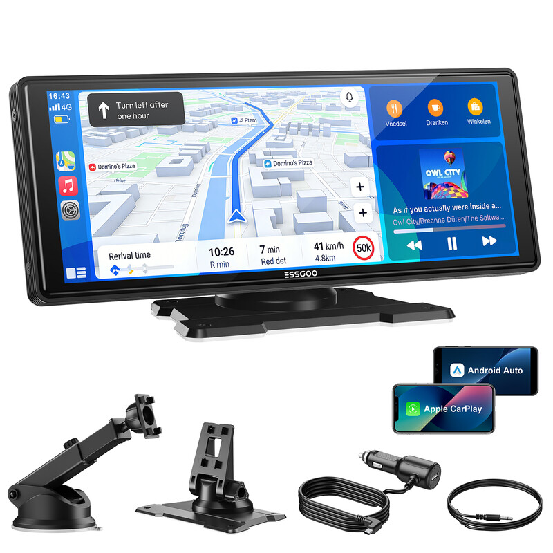 【Zomerspecial】 ESSGOO 10,26 inch draagbaar HD CarPlay display, draadloze CarPlay & Android Auto & Mirror Link, OTA-upgrade, GPS-navigatie, muziek, spraakbesturing, aangepast opstartlogo, snelle installatie, betere rijervaring
