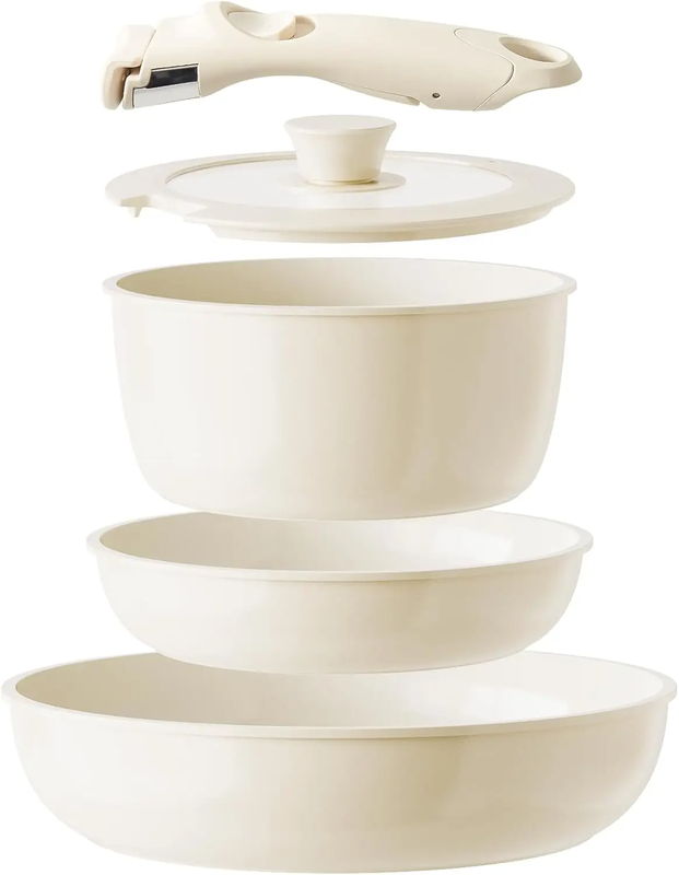 5-Piece Ceramic Cookware Set, White & Light Coffee, Includes 20 cm Saucepan with Lid,