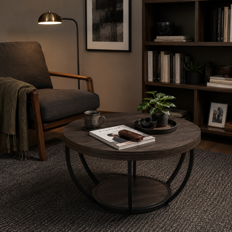 LANTINE Runder Kaffeetisch 80 cm, 2-stufiger Wohnzimmertisch aus Holz mit Ablage, für Wohnzimmer, Moderner Couchtisch, Grau