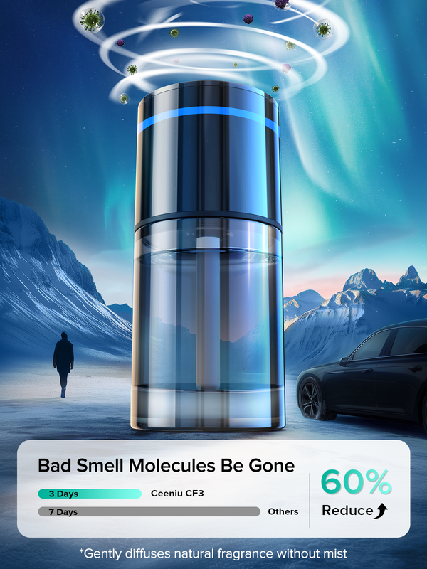 CEENIU Neuer intelligenter Auto-Lufterfrischer, 135 ml, 6 Monate, Auto Ein/Aus, Langanhaltender Auto-Lufterfrischer, Mehrere Modi einstellbar, Ambiente-Licht, Natürlicher französischer Duft, CF3 Aroma-Diffusor, Minz-Eis-Duft