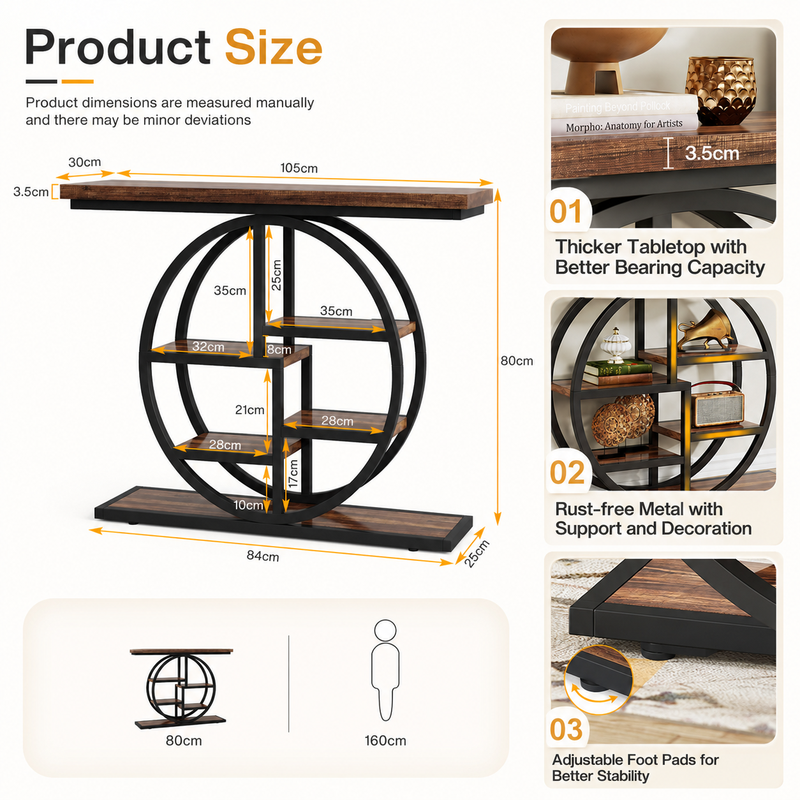 LANTINE Console Table 105cm Industrial 6 Tier Sofa Table Entrance Table with Circle Base Narrow Wood Tables with Storage Shelves for Living Room Hallway Foyer Rustic Brown