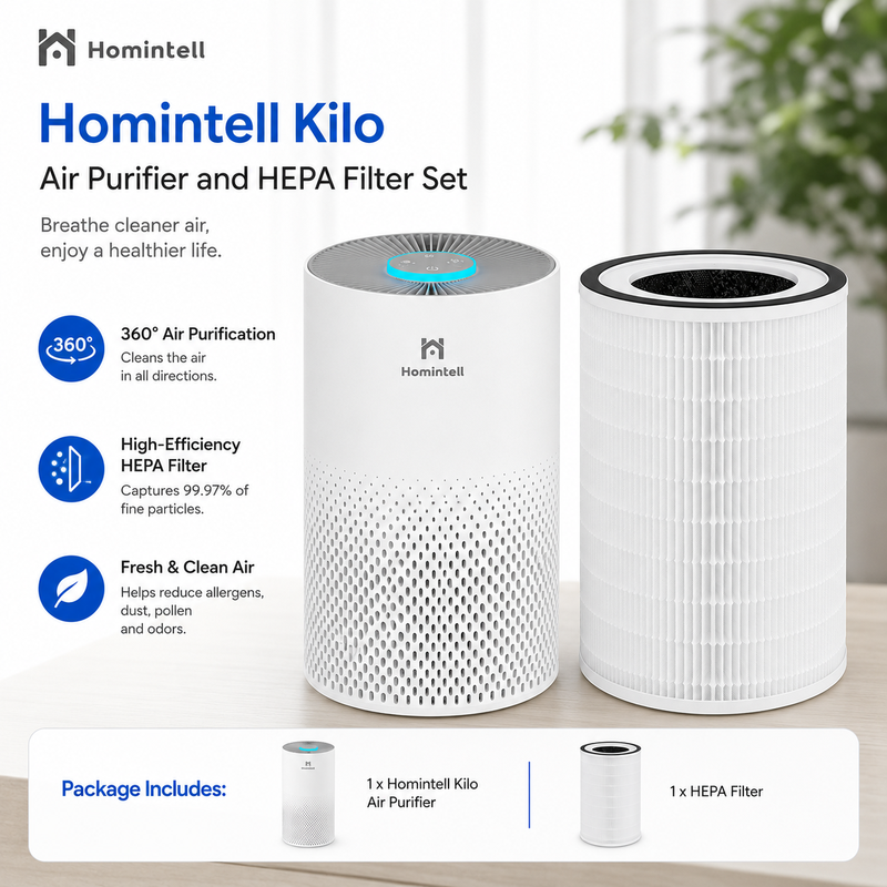 Homintell Kilo luchtreiniger met extra HEPA- en koolstoffilter, 150 m³/h CADR, 3 ventilatorsnelheden, HEPA- en koolstoffiltratie, 8 uur timer, touchbediening, 7-kleuren sfeerlicht, luchtreiniger voor ruimtes tot 18 m²