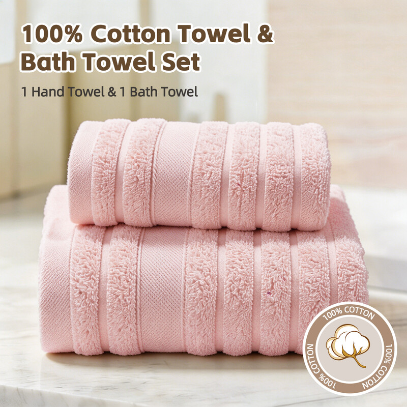 Lebonsoir 2-Piece Towel & bath Set, 100% Cotton, 1pc Bath Towel & 1pc Hand Towel, soft and absorbent towel set. ideal for everyday use. even in a bathroom, gym, beach, pool, salon, spa or camping trip, Pink