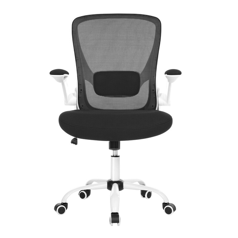 JOYFURNOS Zwart-witte ergonomische mesh draaistoel – 53 cm brede zitting, lumbale ondersteuning, kantelfunctie, opklapbare armleuningen – perfect voor werk, slaapkamer of studentenkamer, 60×64×(103-110)cm