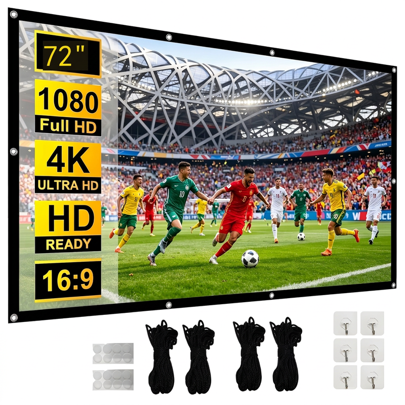 【Must-have voor WK-kijkfeest, groter scherm voor ultiem spanning】 XBJ 72 inch projectiescherm 16:9 | draagbaar HD 4K opvouwbaar kreukvrij scherm, 160° brede kijkhoek dubbelzijdige projectie, extra lange touwen & haken voor eenvoudige installatie, thuisbio